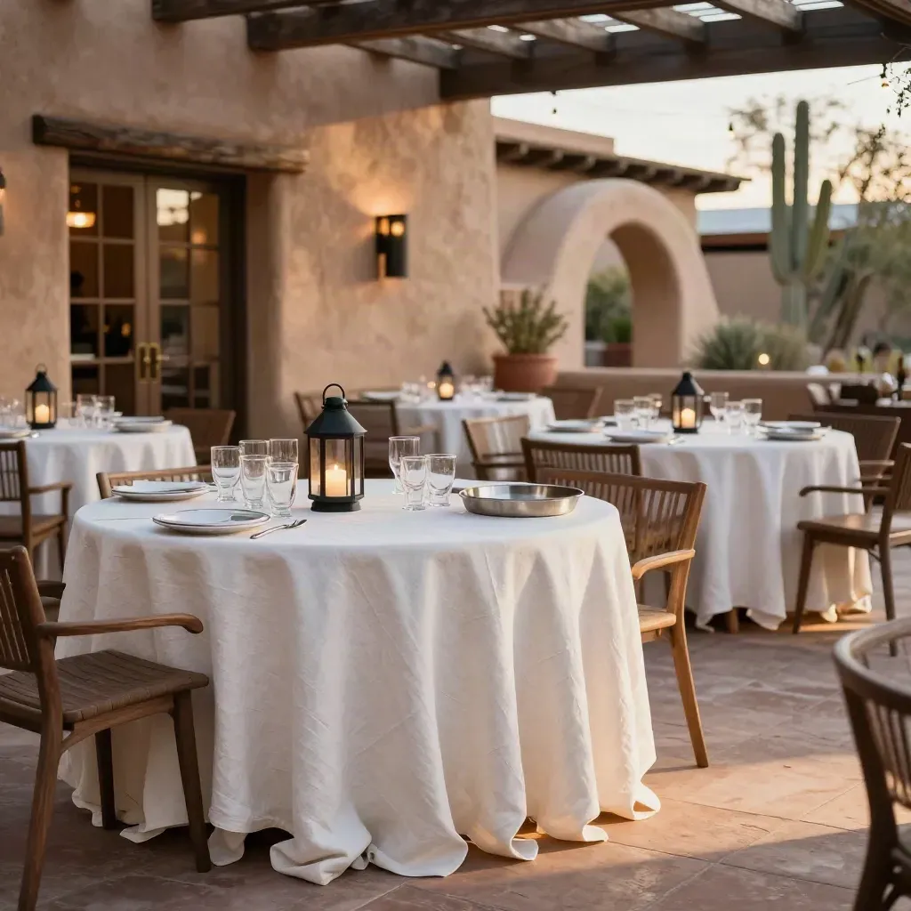 Empty Tucson terrace set for a chapter mixer with bistro tables, lanterns, and glassware at dusk.