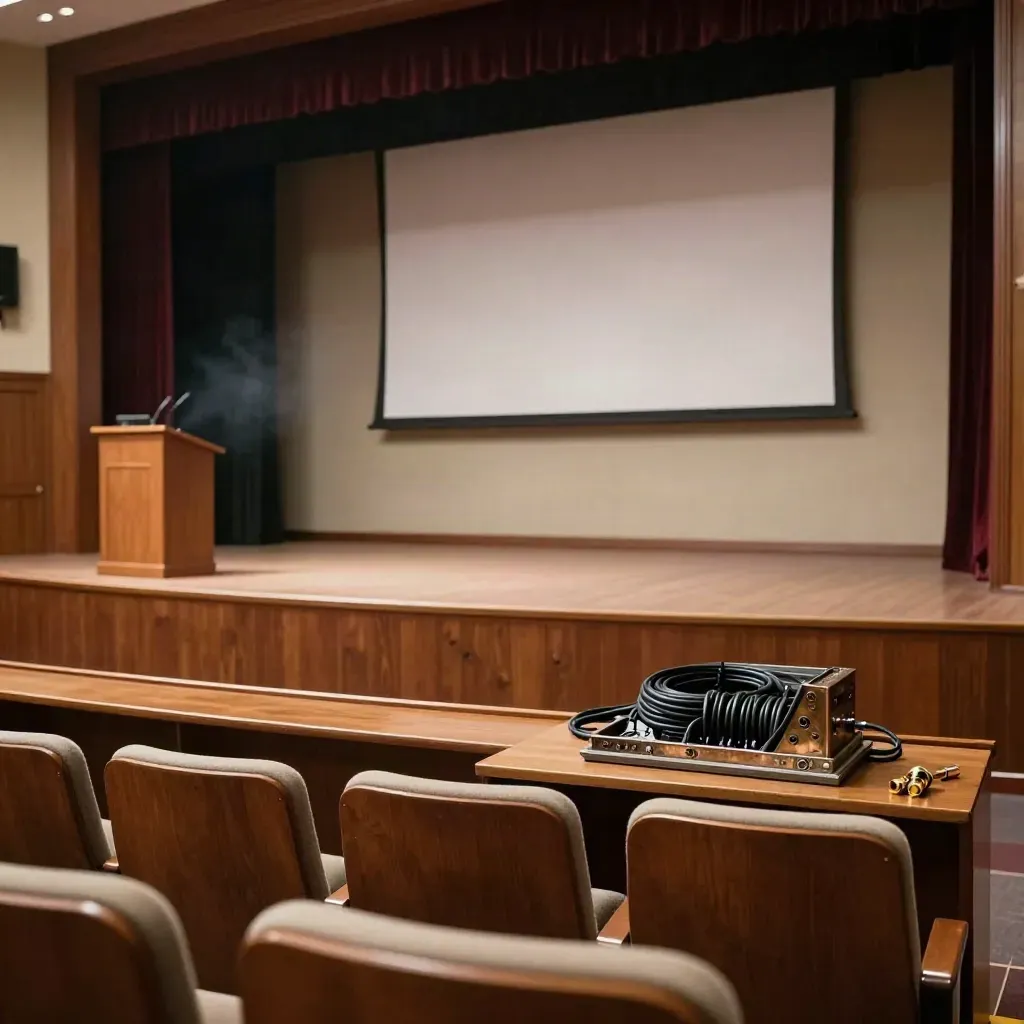 Empty lecture hall stage with podium, blank screen, cable coils, and a well model ready for a technical talk.