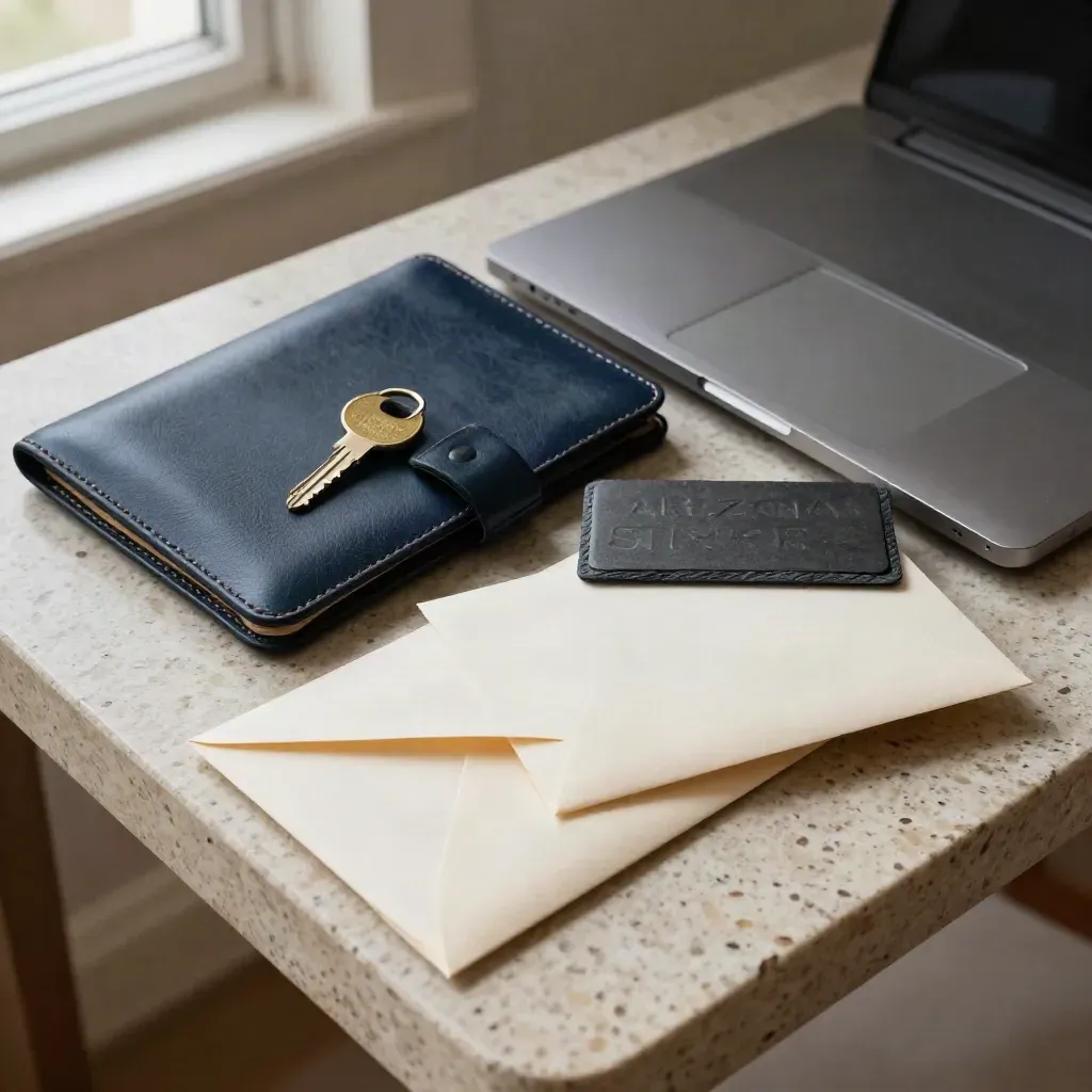 Membership renewal kit with laptop, card holder, key ring, and sealed envelope on travertine