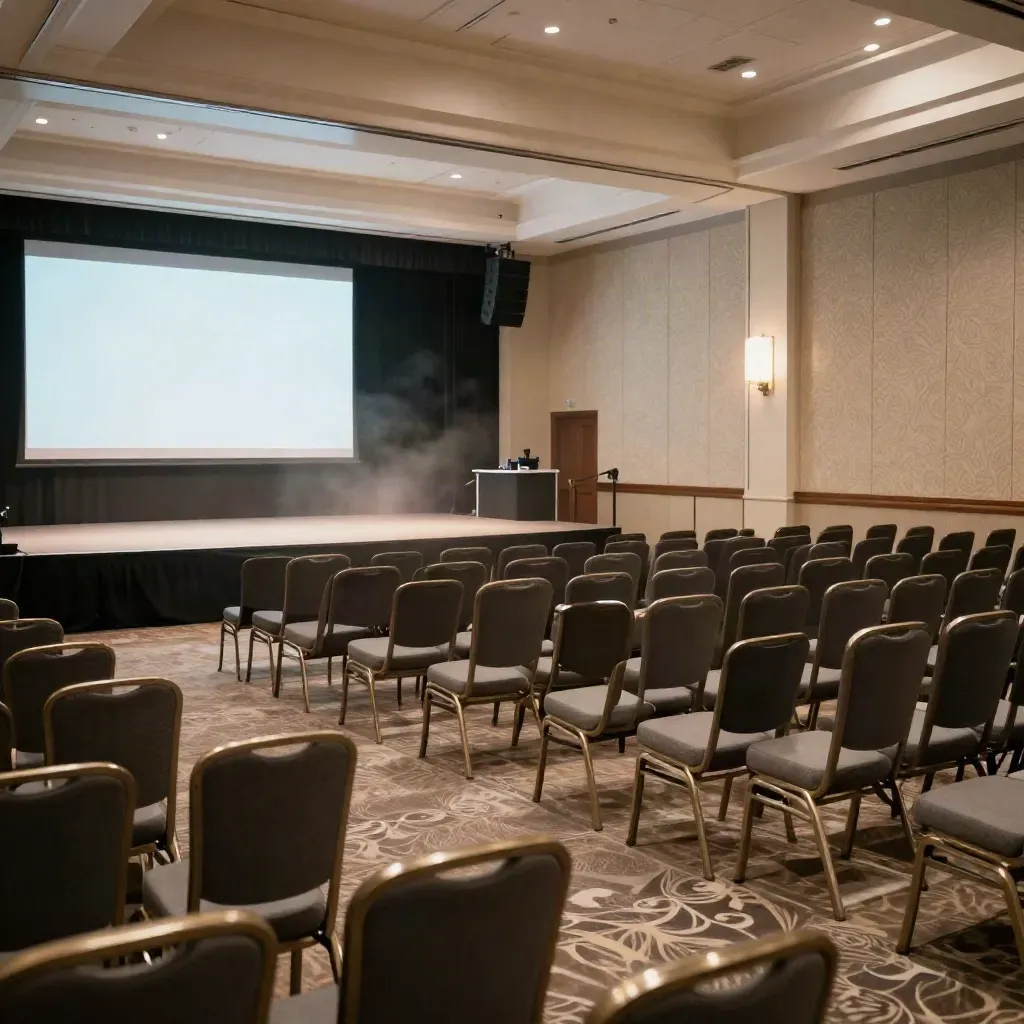 Empty Mesa hotel ballroom with lit stage, chairs, and hazy post-talk atmosphere.