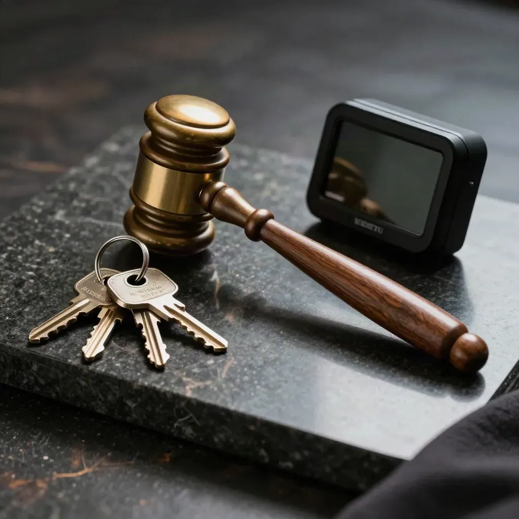 Brass gavel, venue keys, and a matte black timer on dark stone, lit dramatically in a dim studio