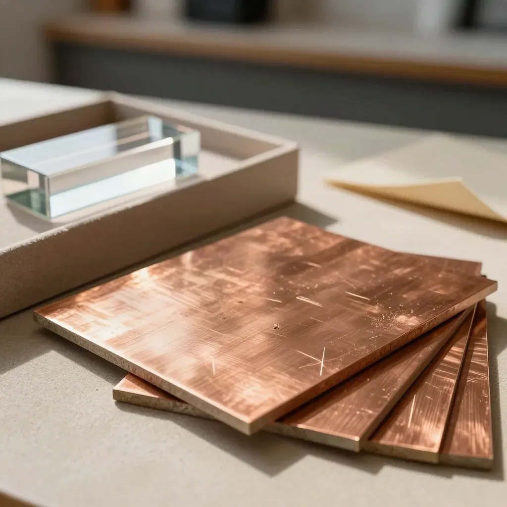 Copper sample tiles, acrylic award block, and presentation box on warm oak in soft daylight.