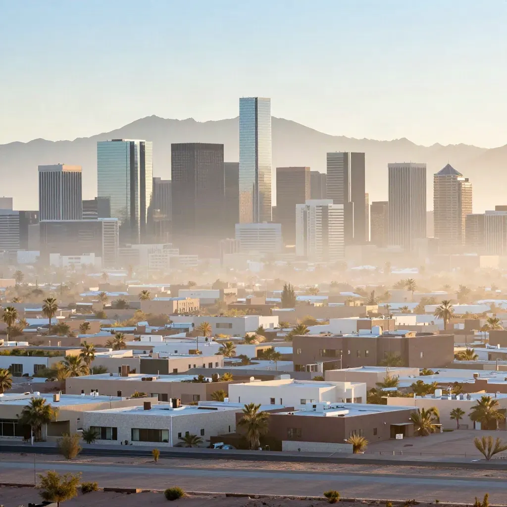 Phoenix skyline and South Mountain glow at sunrise through blue desert haze